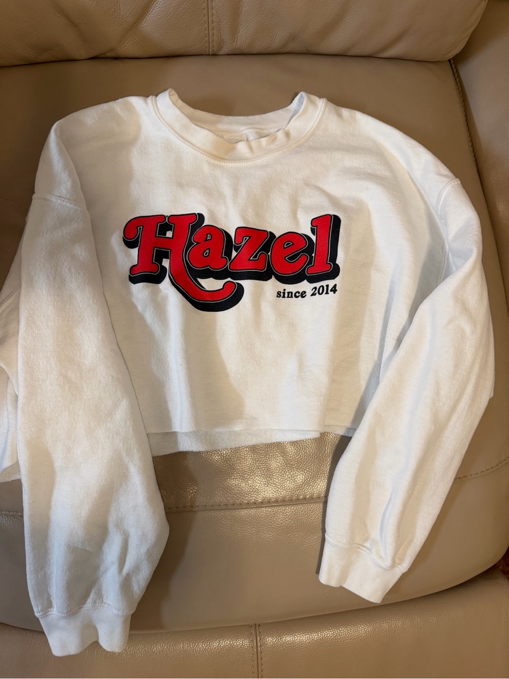 Hazel White Cropped Sweatshirt with Red Logo
